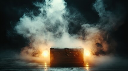 A vintage wooden chest sits in a cloud of smoke, illuminated by gentle candlelight, creating a serene and mysterious atmosphere that evokes curiosity and wonder.