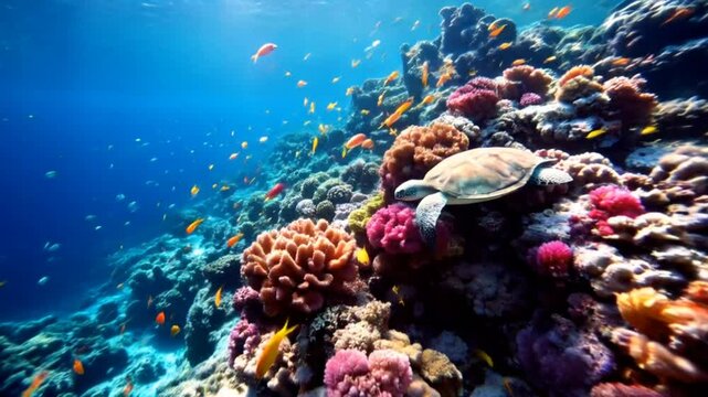 Coral reef with sea turtle swimming in vibrant underwater scenery. Marine concept