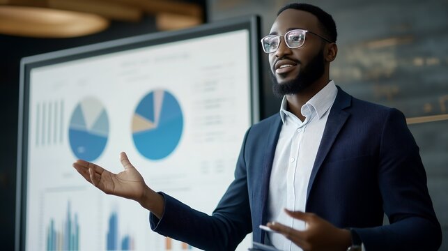 Confident Black male professional presenting data insights in a modern office setting.