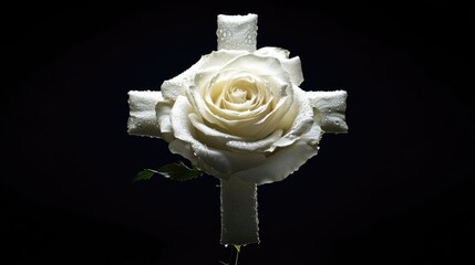 A white rose in the shape of a cross, symbolizing faith, with room around it for text.