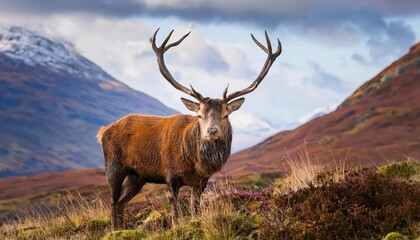 Striking Portrait of a Majestic Scottish Red Deer Stag Against the Backdrop of Mountainous Countryside at Dusk Wildlife Photography Masterpiece Showcasing Autumnal Hues and Rugged Landscapes