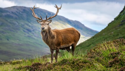 Vivid Portrait of a Majestic Scottish Red Deer Stag Amidst Mountainous Countryside at Dusk