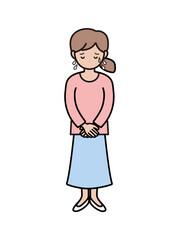 大汗をかいて謝罪する若い女性の全身イラスト