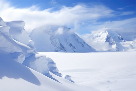 Stunning Winter Landscape of Mt. Vinson in the Sentinel Range, Ellsworth Mountains, Antarctica - Majestic Snow-Covered Mountain Surrounded by Skies of Blue