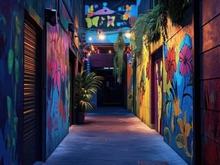 Fototapeta premium Vibrant urban alleyway illuminated with colorful graffiti and string lights at night