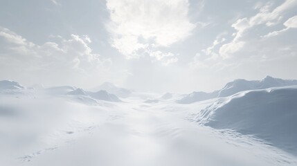 Snow-covered mountains under a cloudy sky with a bright sun illuminating the white landscape