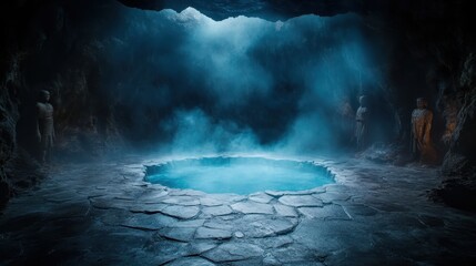A serene underground cave featuring a tranquil circular pool, illuminated by soft light beams filtering through the ceiling, surrounded by ancient statues in mist.