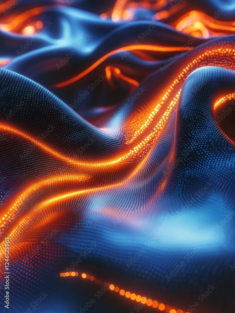 Poster glowing digital wave with vibrant orange and blue lights represents machine learning algorithm visua
