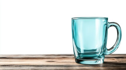 A clear, blue-tinted glass mug set on a rustic wooden table, showcasing its elegant design and stunning transparency against a plain white background.
