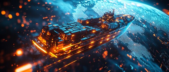 Futuristic cargo ship surrounded by a glowing digital world map