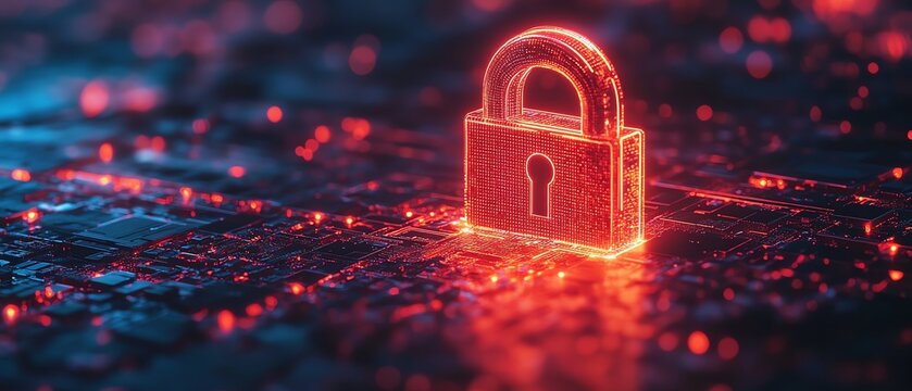 Futuristic digital lock embedded in an abstract grid, representing data protection and cybersecurity, glowing lines and patterns, hightech design, ultradetailed 8K visuals