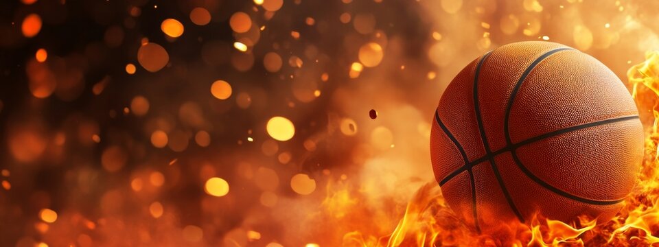 Fiery basketball ablaze, bokeh background, sports banner