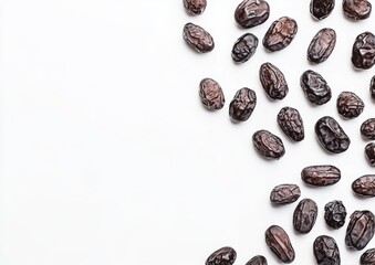 Scattered dates on white background, copy space, food photography, healthy snack