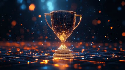 Shimmering digital trophy glows in a vibrant tech-inspired environment showcasing achievement and success