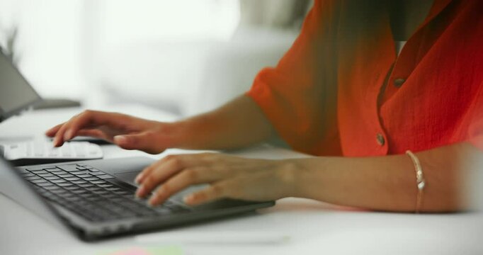 Typing, laptop and freelancer with hands of woman for visual effects artist, animation render and editing software. Planning, character design and remote work with closeup of person at home office