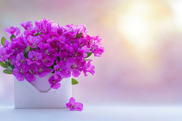 Vibrant purple flowers in a white envelope on a soft blurred background.