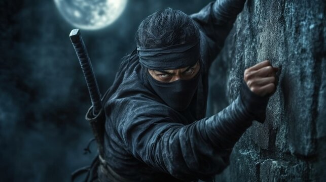 A ninjutsu practitioner climbing a wall with agility, dressed in traditional ninja attire, with the moonlight casting shadows on his face
