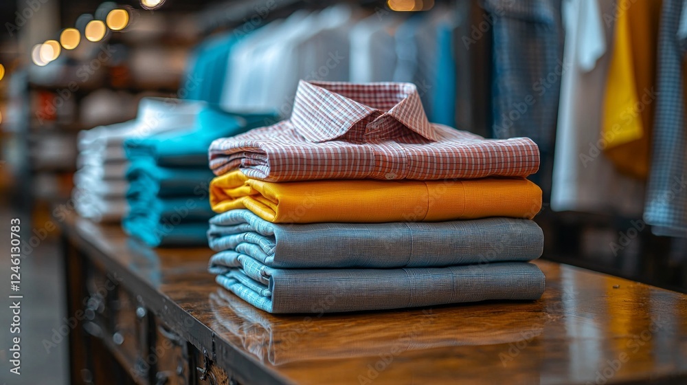 Poster neatly arranged stacks of colorful shirts in various shades accentuate the lively atmosphere of a tr