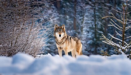Obraz premium Lone Wolf Frozen in Winters Embrace A Solitary Canis Lupus Amidst SnowCovered Forest Backdrop, Capturing the Serene Tranquility and Resilience of Nature