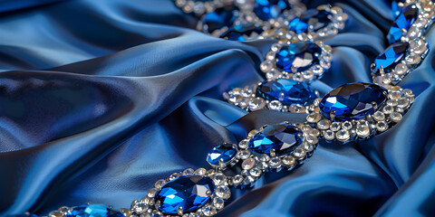 Luxurious Blue Satin Fabric with Sparkling Gemstones
