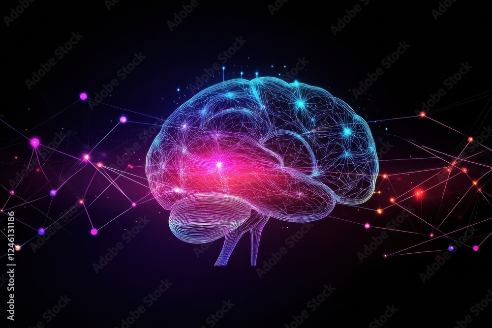 Poster scientific portrayal of the brain revealing neuron pathways and electrical signals in vibrant colors