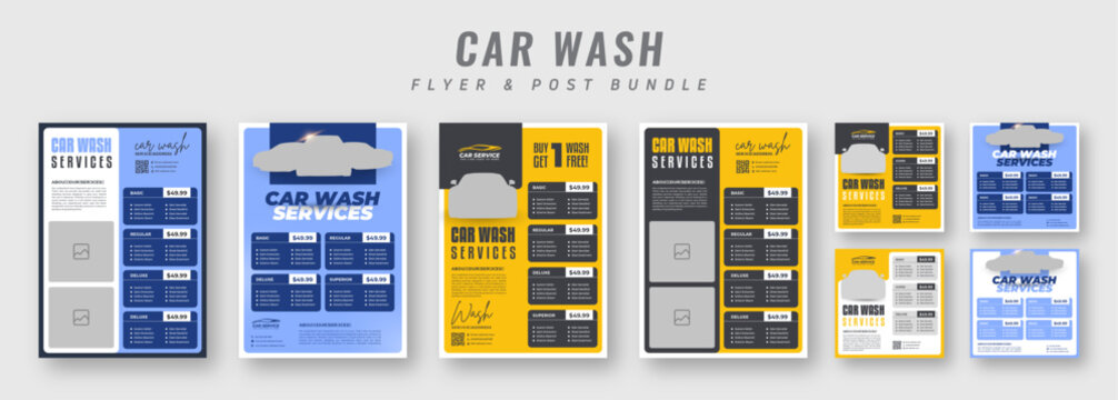 Car wash service flyer and price list template bundle. Professional auto detailing promotional posters, business advertising banners, and social media post templates for car cleaning services.
