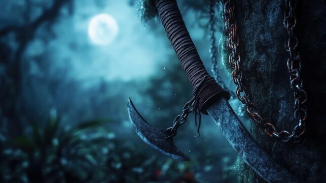 A pair of chained kusarigama (sickle and chain weapon) hanging from a ninja waist, the sharp sickle gleaming as moonlight catches its edge in a misty forest