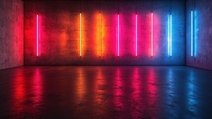 Neon lights illuminate concrete room, reflection
