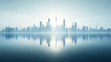 Obraz premium A beautifully designed urban skyline with high-rise skyscrapers elegantly mirrored on a smooth, reflective surface