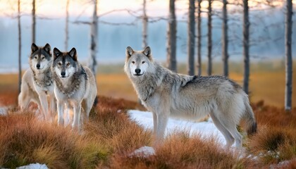 Fototapeta premium Majestic Wolves Roam through the FrostKissed Finnish Taiga Forest, Capturing the Winters Serene Beauty with Their Ghostly Presence.