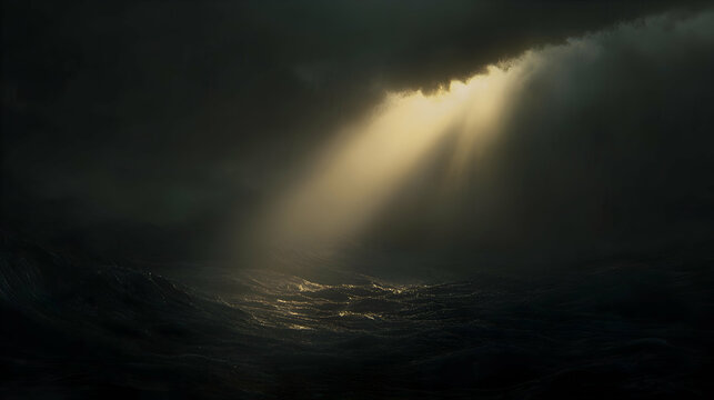 A dark stormy sky with a single ray of sunlight breaking through the clouds, symbolizing hope in difficult times.