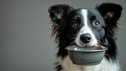 Border collie dog holds food bowl hungry playful pet animal looking at camera on gray background