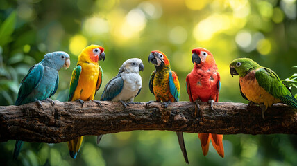 Obraz premium Colorful parrots perched on branch tropical exotic birds in nature wildlife sanctuary macaw forest environment