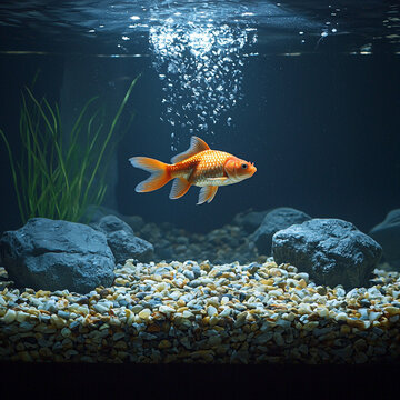 Golden fish swimming in aquarium tank with rocks and green plant on pebble bottom with bubble trail underwater