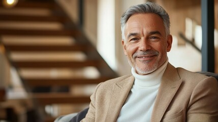 Mature man in turtleneck smiling confidently at home interior environment