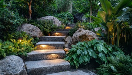 Illuminated stone steps, lush garden, night, landscaping design