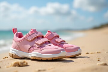 Naklejka premium Pink children's sneakers on a sandy beach with ocean background