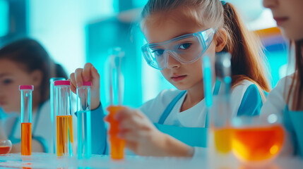 A young girl wearing safety goggles intently observes test tubes filled with colorful liquids in a science laboratory.