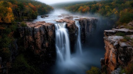 Fototapeta premium Autumn Waterfall Landscape, Misty Morning, Forest Scenery, Nature Photography