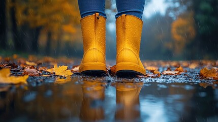 autumn concept yellow rubber boots in a puddle on an autumn rainy day