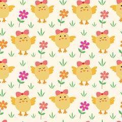 Cute Cartoon baby chicks wearing bows  with little flowers seamless pattern. For easter prints, kids fabric and textile