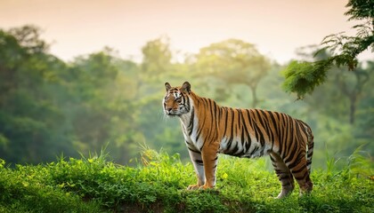 Naklejka premium Tiger Standing Majestically on a Green Forested Hilltop at Dusk A Captivating Wildlife Moment in the Heart of a Vibrant Forest