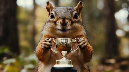 Squirrel proudly holds a shiny trophy in a lush forest setting, celebrating a triumphant moment during the daytime