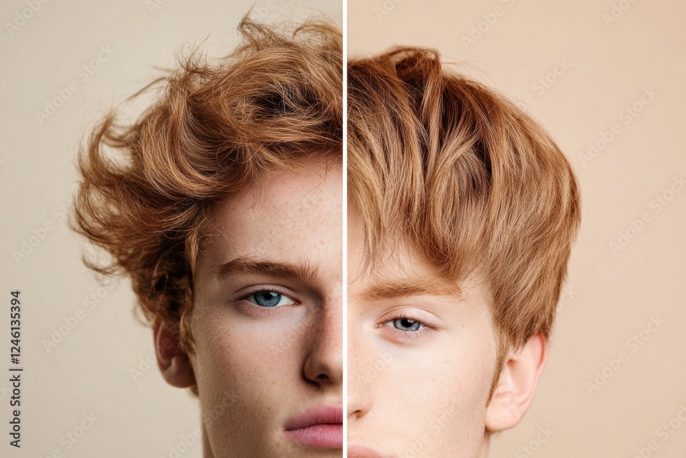 Poster comparison of unkempt hair and a stylish haircut showing transformation in appearance and confidence