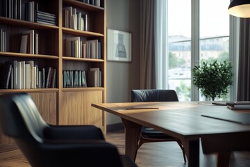 Modern office, wooden table, city view, bookshelves, meeting