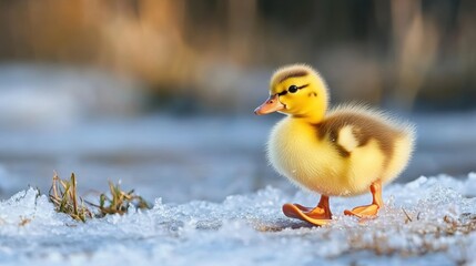 Winter wonderland adventure of a fluffy duckling exploring frosty grounds in serene nature