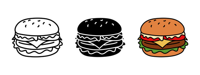 Burger icon. Hamburger vector illustration. Cheeseburger symbol. American fast food eatery logo. Sandwich with sesame bun, beef, cheese, tomatoes and lettuce. Burger silhouette. Colorful cartoon snack