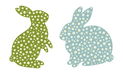 Easter Bunny Silhouettes with floral patterns, decorative spring holiday design with Daisy Chamomile and wildflower ornaments, illustration for greeting cards, prints. Easter Bunny Daises Chamomile