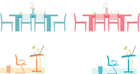 vector illustration of a Floral-Decorated Dining Table with Chairs & Home Office Desk Drawing