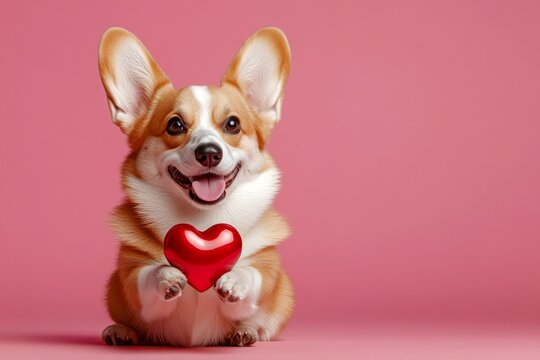 Commercial visual idea. Pembroke welsh corgi - my desired dog. Cute pembroke welsh corgi pup with diamond red heart - emblem of love, funny greeting card. Dog and heart. Valentine's animals.